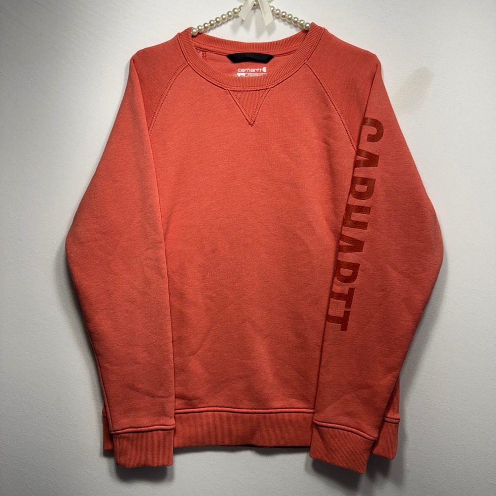 Carhartt Womens L Coral Pink Graphic Sleeve Crewneck Sweatshirt 104410 R49